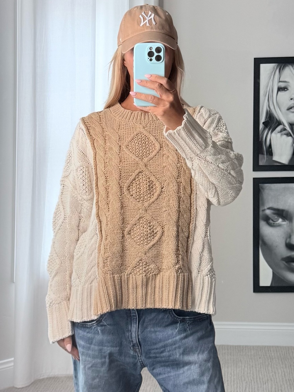Altar'd State Two-Tone Cable Knit Sweater - Cream & Beige